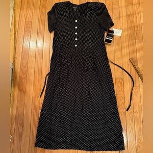 VTG MSK Black and White button front Polka Dot Tie Back Midi Maxi Dress dark